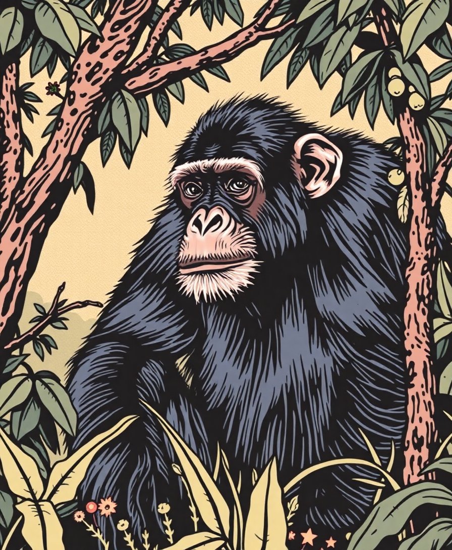 Vintage Chimpanzee Field Sketch Paint By Numbers Kit completed