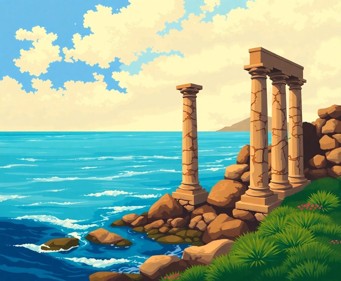 Vintage Coastal Pillar Ruins Paint By Numbers Kit completed