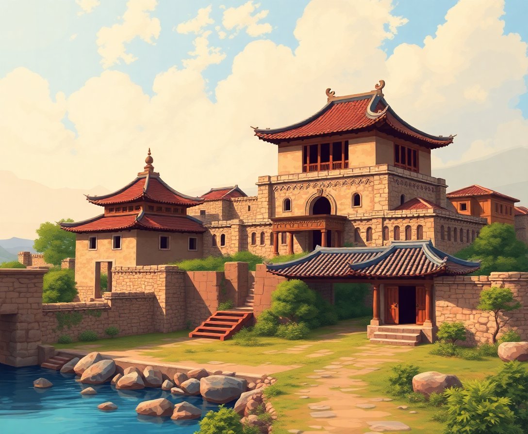 Vintage Feudal Island Ruins Paint By Numbers - Cultural Art Kit completed