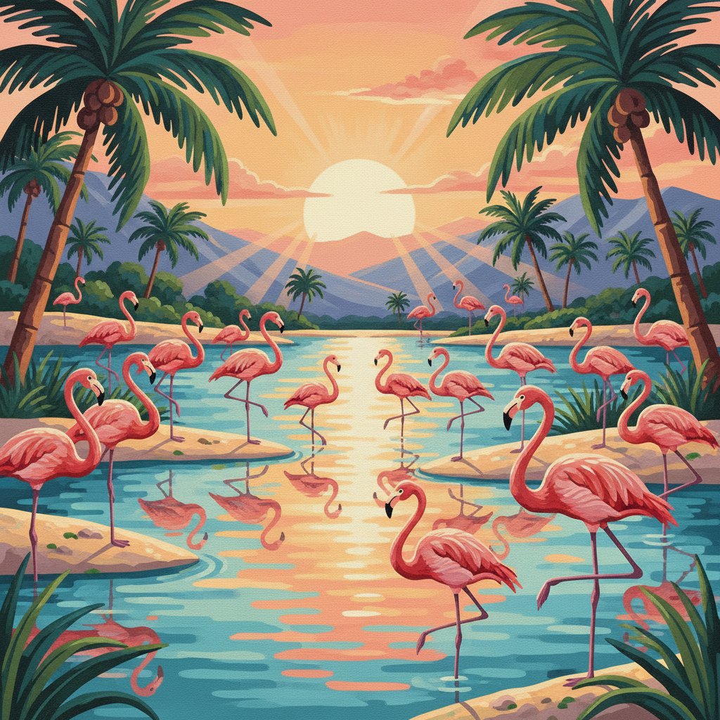 Vintage Flamingo Lagoon Sunlight Paint By Numbers Kit completed