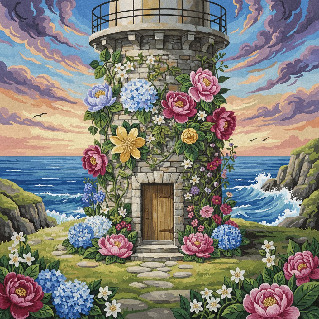 Vintage Floral Lighthouse Base Paint By Numbers Kit completed
