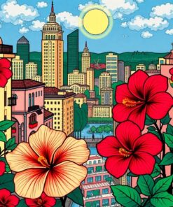Vintage Hibiscus City View Paint By Numbers