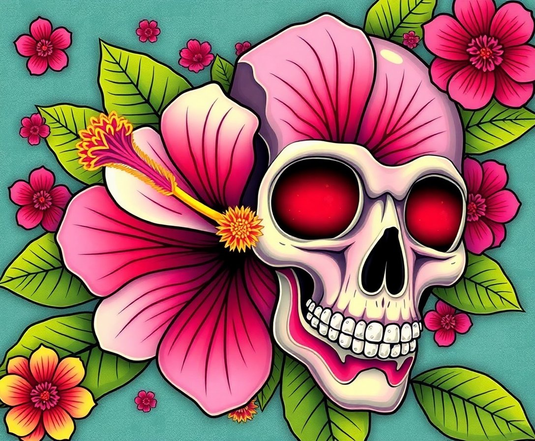 Vintage Hibiscus Sugar Skull Paint By Numbers Kit completed