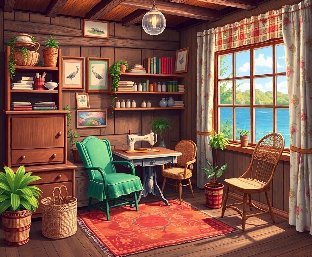 Vintage Island Sewing Room Paint By Numbers Kit completed