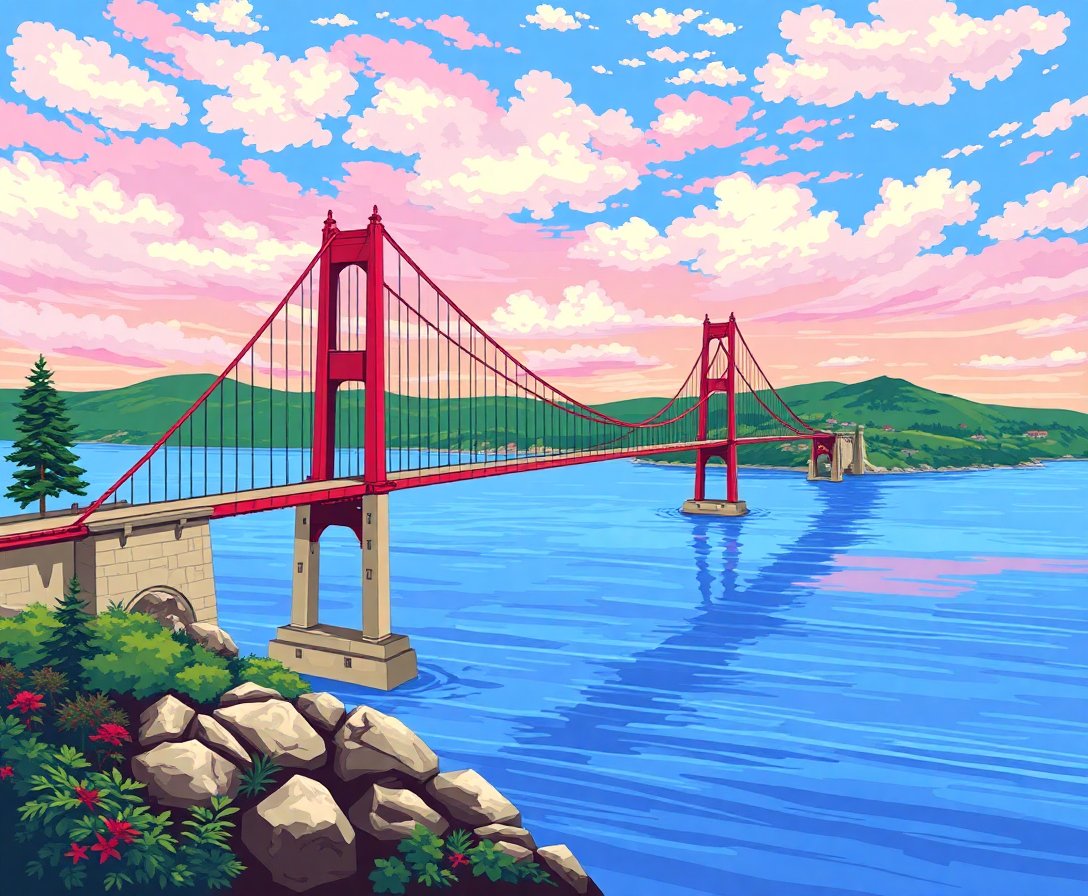 Vintage Island Suspension Bridge Paint By Numbers Kit completed