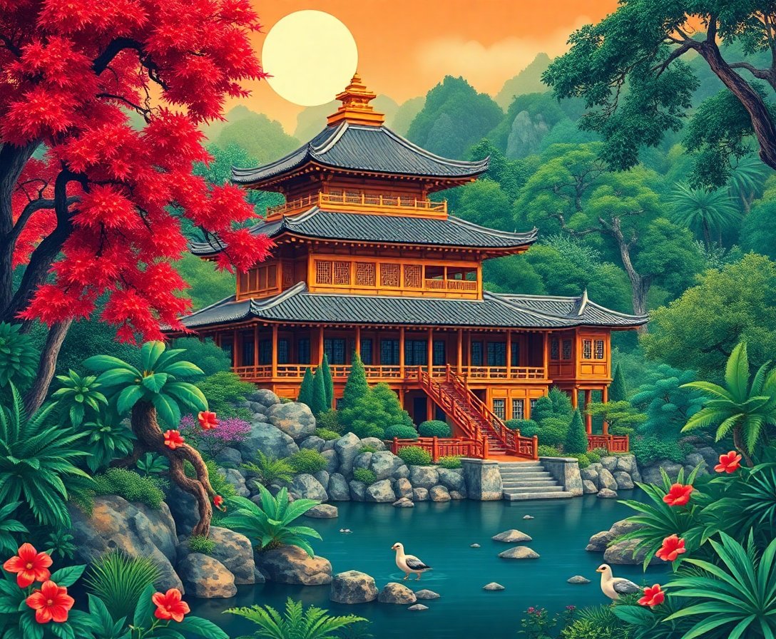 vintage-japanese-jungle-palace-paint-by-numbers-kit