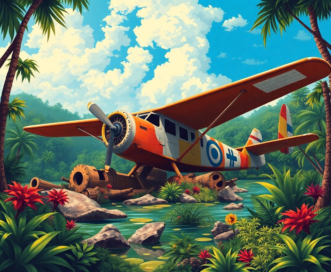 Vintage Jungle Plane Wreck Paint By Numbers Kit | Aviation Art completed
