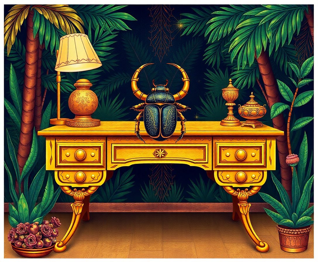 Vintage Jungle Scarab Desk Paint By Numbers Kit - Egyptian Gold completed