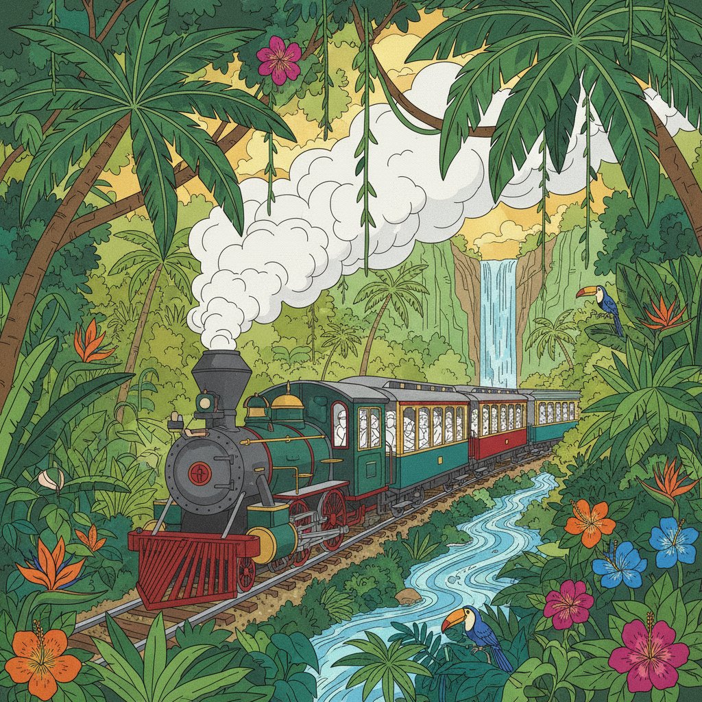 Vintage Jungle Steam Train Paint By Numbers Kit | Rainforest completed