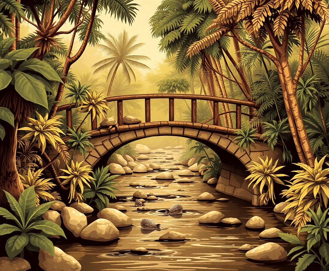 Vintage Jungle Stream Bridge Paint By Numbers Kit - Sepia Art completed