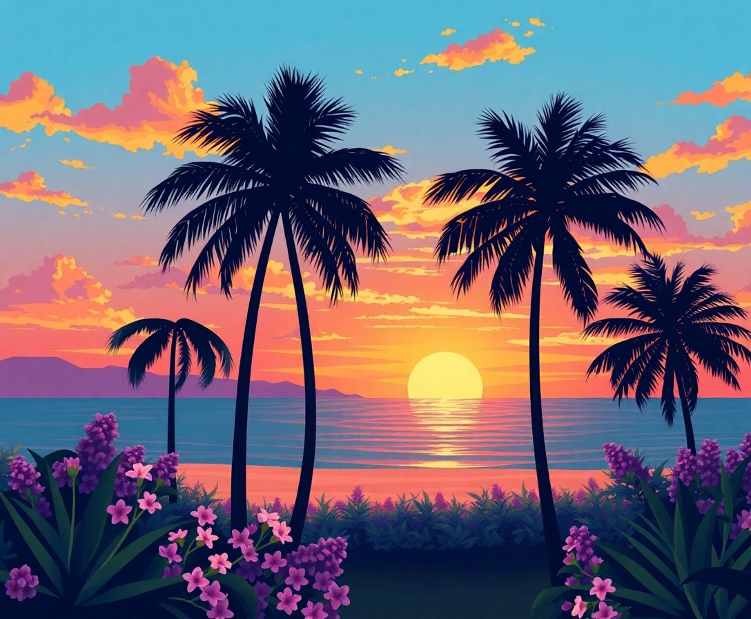 Vintage Lilac Palm Sunset Paint By Numbers Kit completed