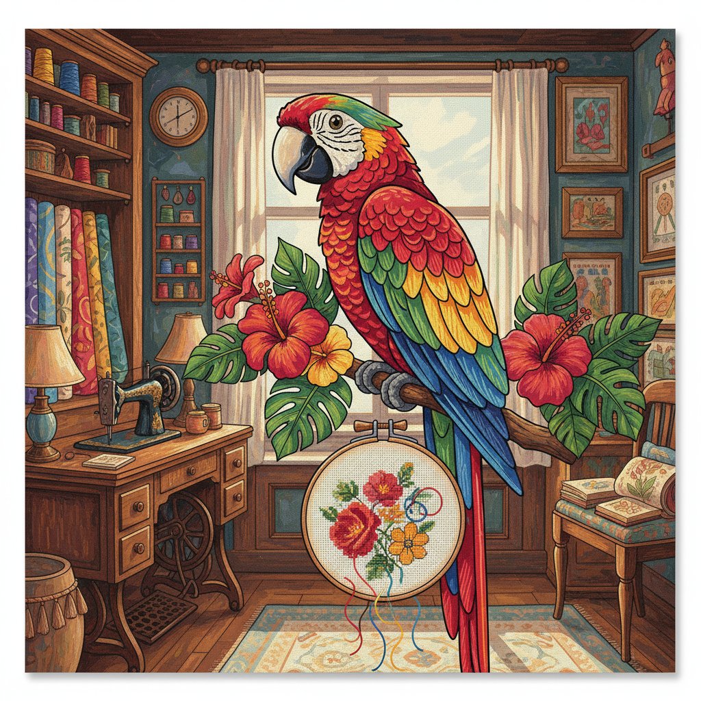 Vintage Macaw Embroidery Room Paint By Numbers Kit completed