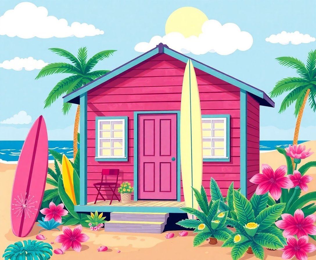Vintage Magenta Surf Shack Paint By Numbers Kit - Tropical completed