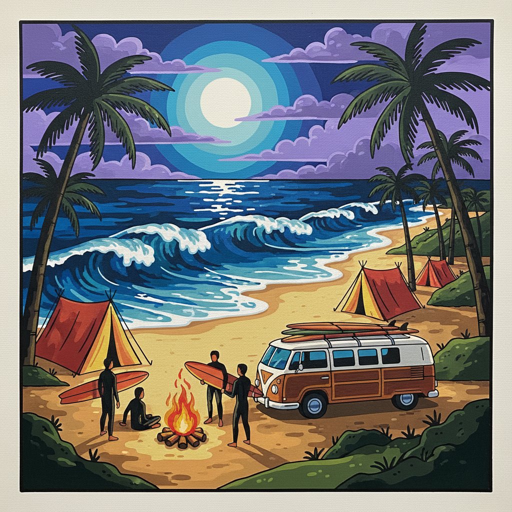 Vintage Midnight Surf Camp Paint By Numbers Kit completed