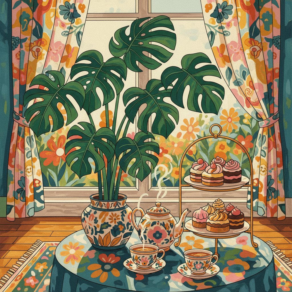 Vintage Monstera Tea Time Paint By Numbers Kit completed