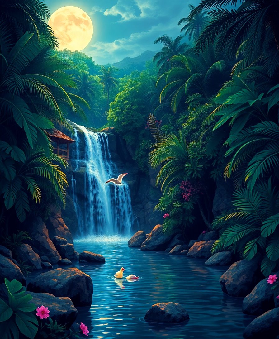 Vintage Moonlit Tropical Cascade Paint By Numbers Kit completed