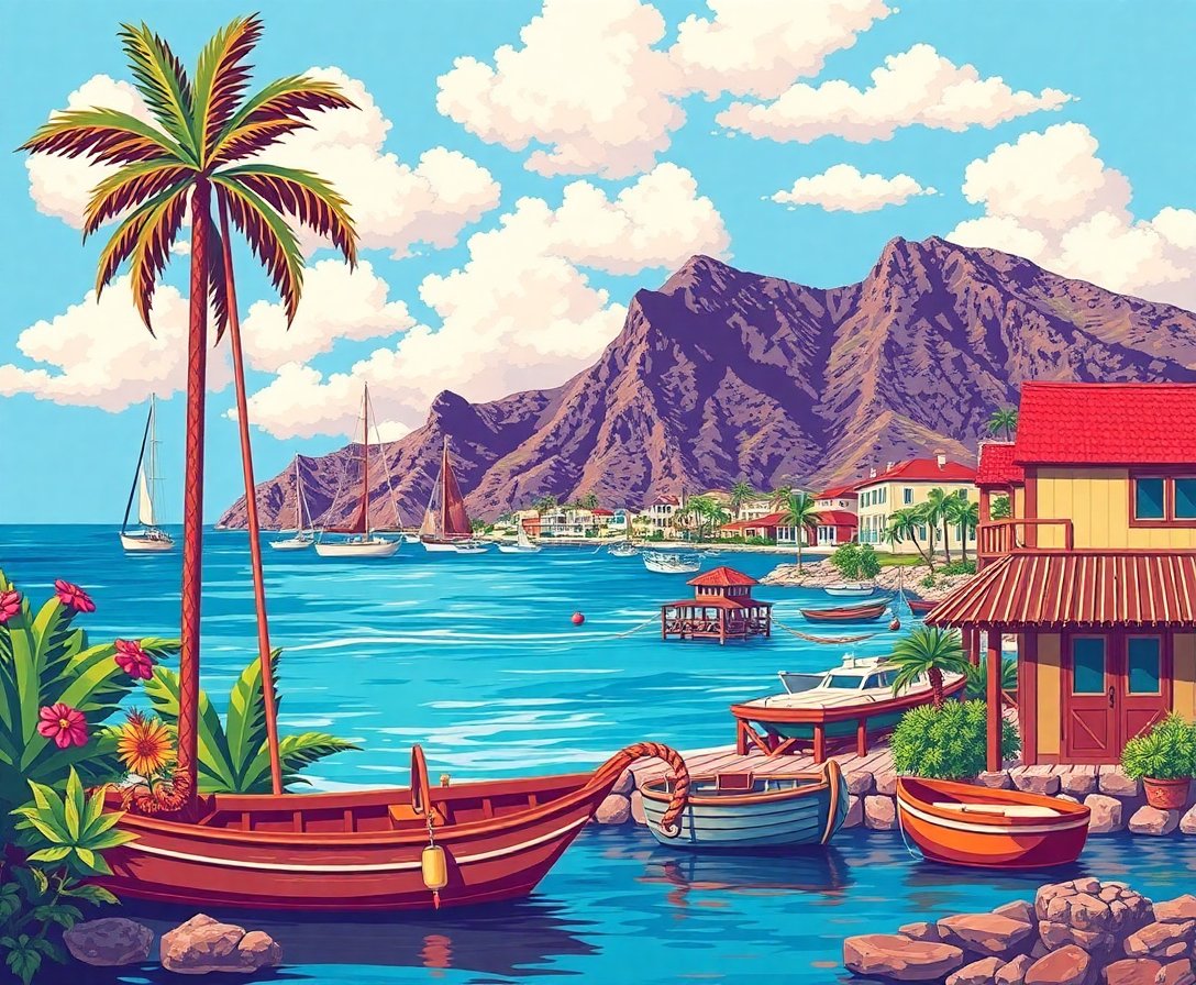 Vintage Nautical Fiji View Paint By Numbers Kit - Coastal Art completed