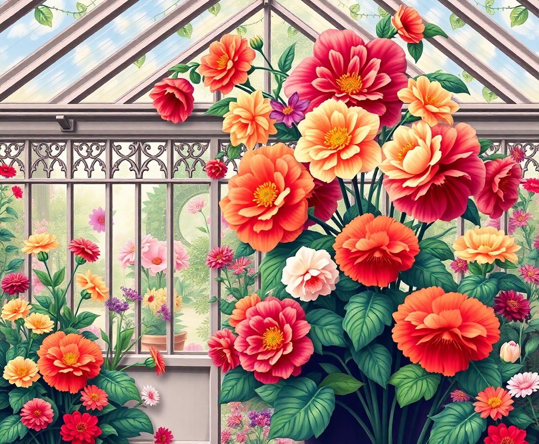 Vintage Nouveau Glasshouse Flower Paint By Numbers Kit completed