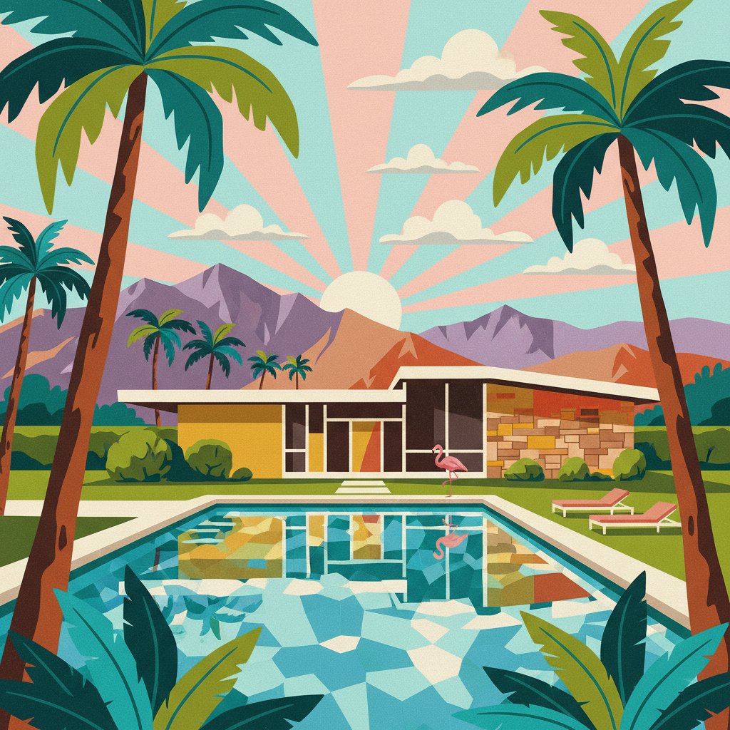 Vintage Palm Springs Oasis Paint By Numbers Kit - Midcentury completed