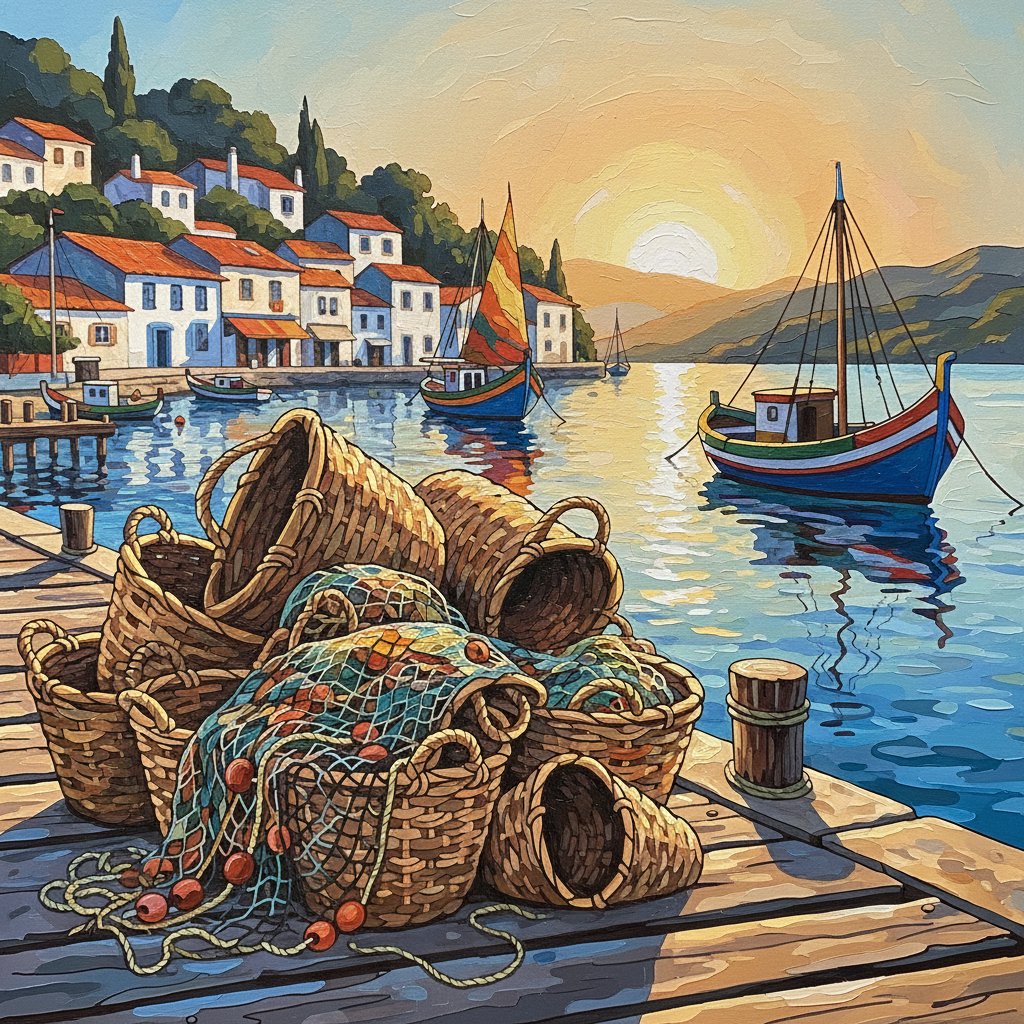 Vintage Port Fishing Baskets Paint By Numbers Kit completed