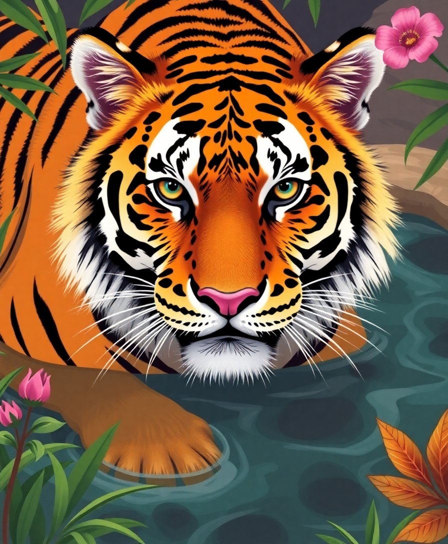 Vintage Safari Tiger Pool paint by numbers wall art completed