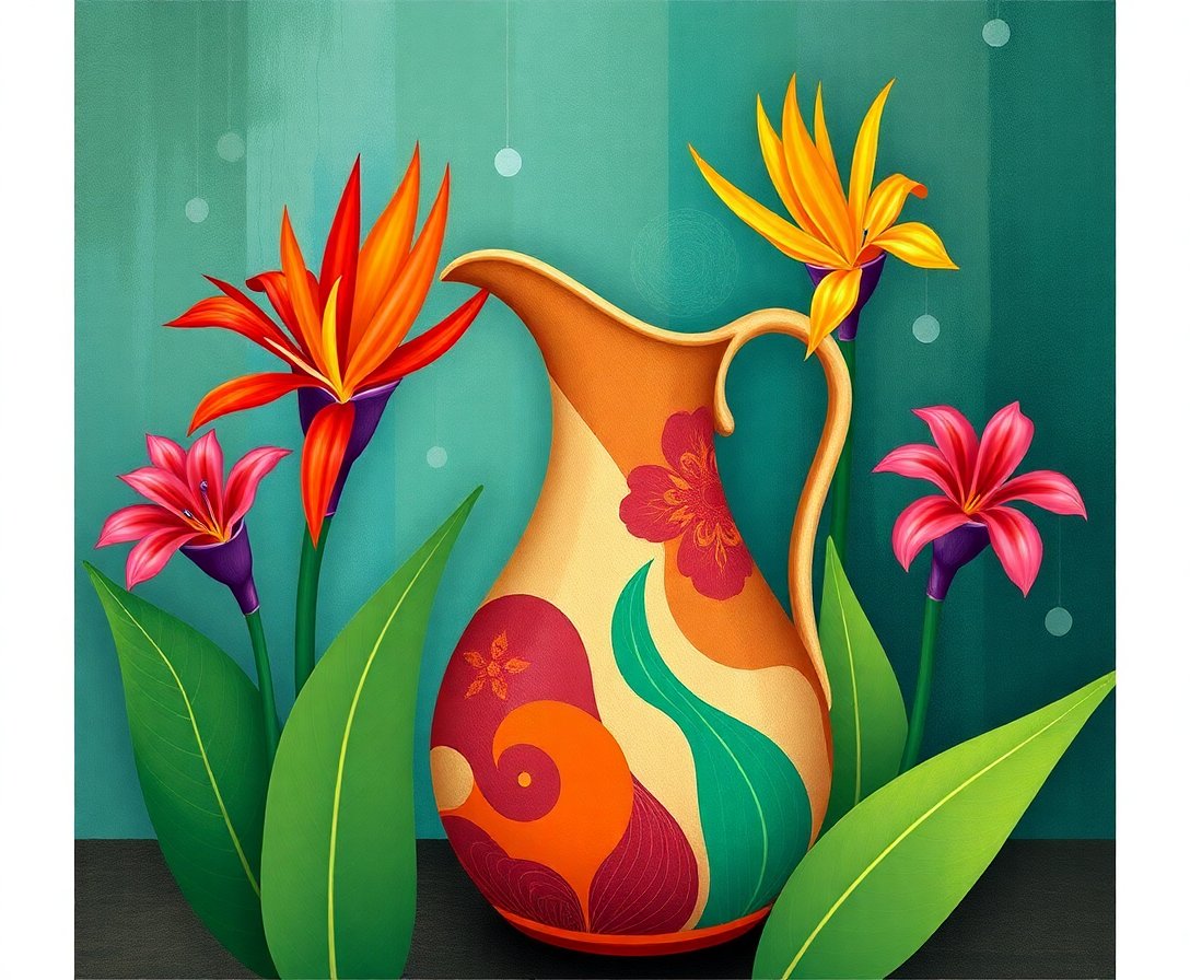 Vintage Strelitzia Clay Pitcher Paint By Numbers Kit completed