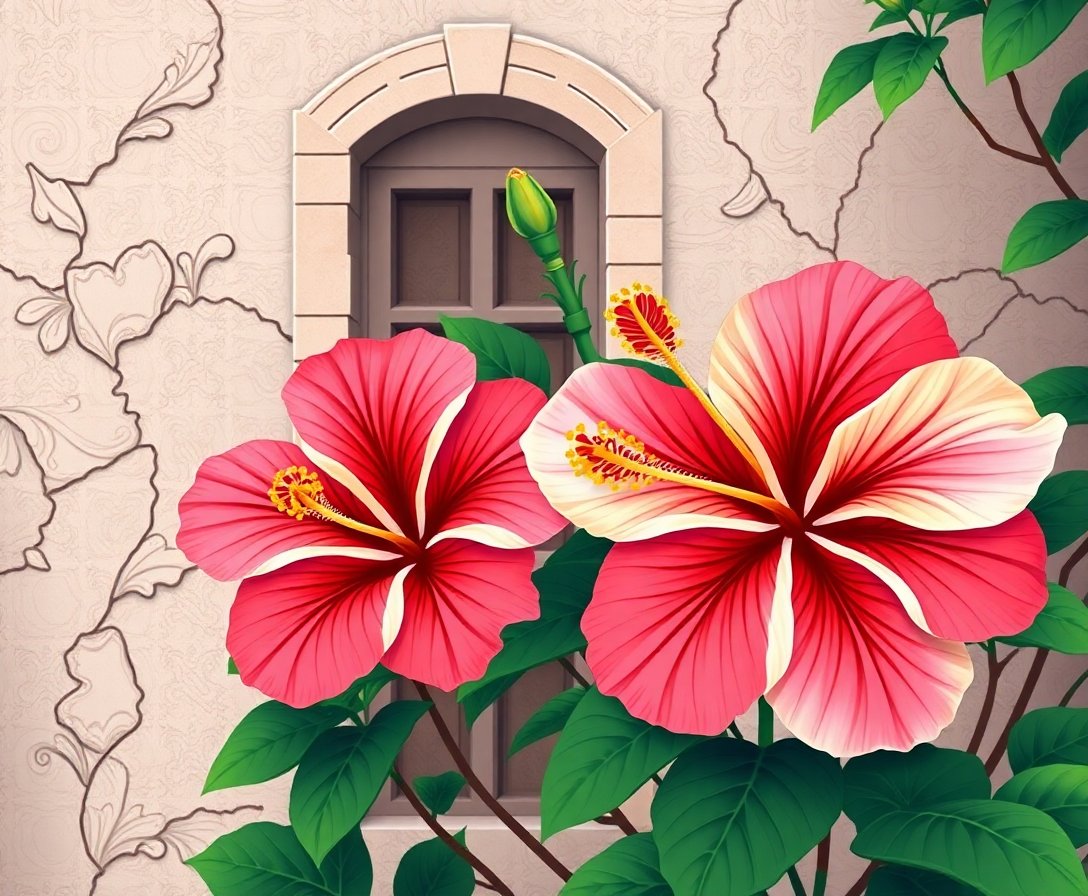 Vintage Stucco Hibiscus Bloom Paint By Numbers Kit completed