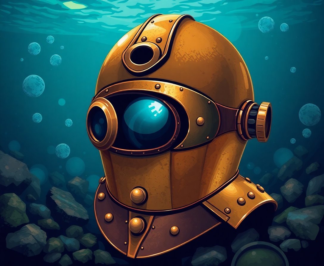 Vintage Sunken Brass Helmet Paint By Numbers - Atlantis Art completed