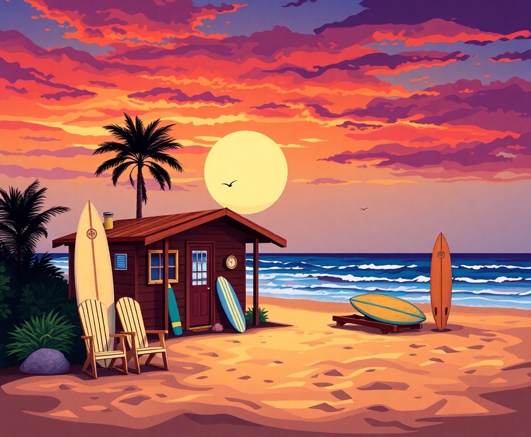 Vintage Sunset Surf Shack Paint By Numbers Kit - Beach Art completed