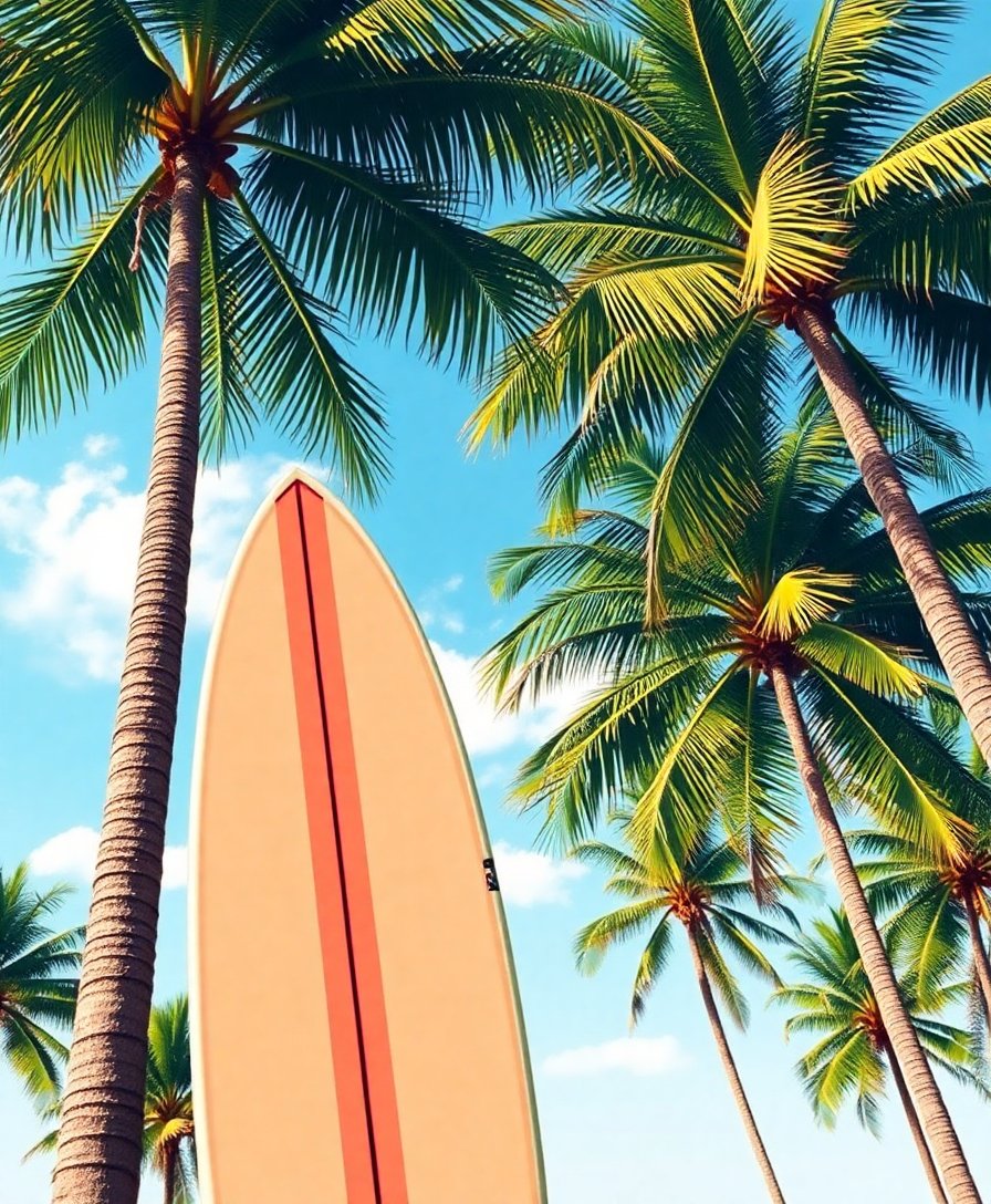 Vintage Surfboard Under Palms Paint By Numbers Kit completed