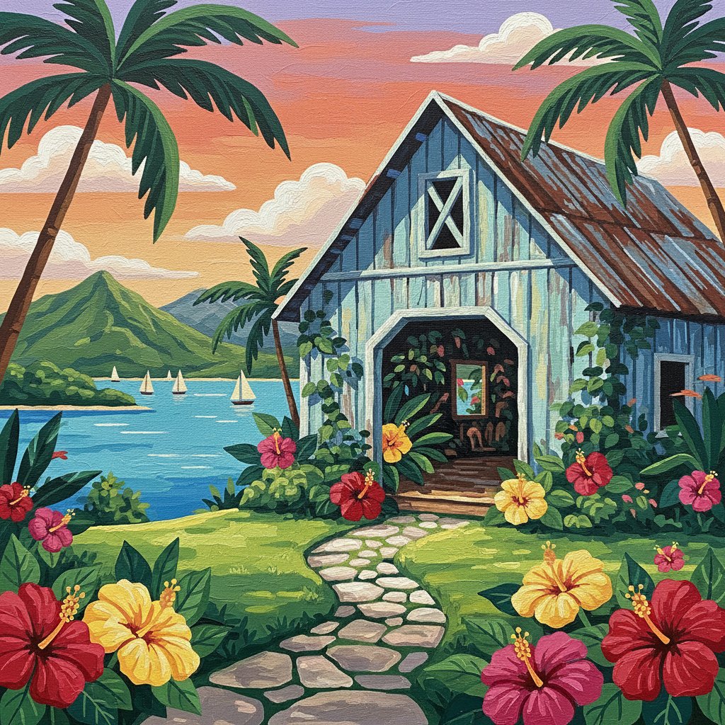 Vintage Tropical Barn Retreat Paint By Numbers Kit completed