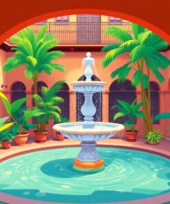 Vintage Tropical Courtyard Fountain Paint By Numbers
