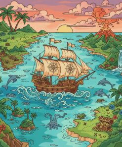 Vintage Tropical Galleon Map Paint By Numbers