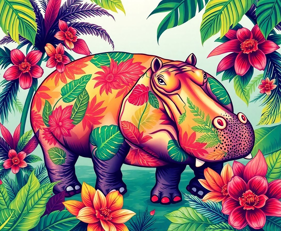 Vintage Tropical Hippo Pod Paint By Numbers Kit completed