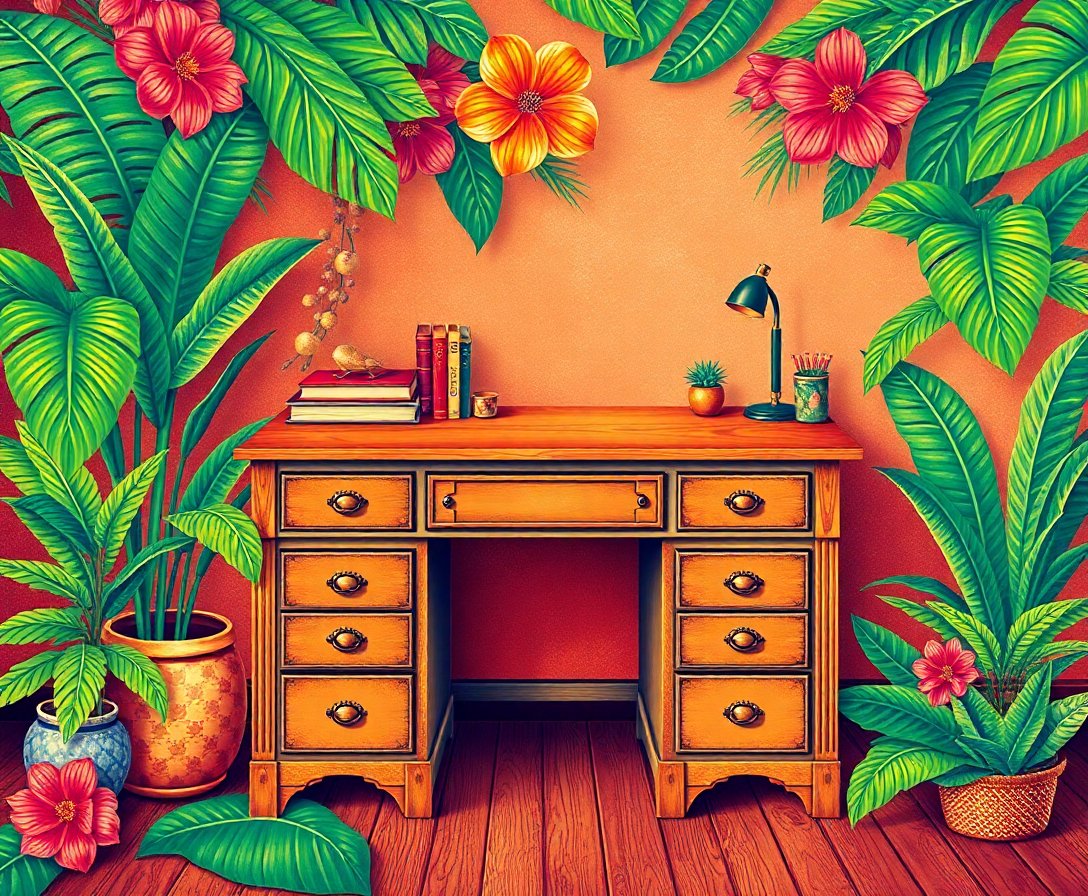 Vintage Tropical Keeper Desk Paint By Numbers Kit completed