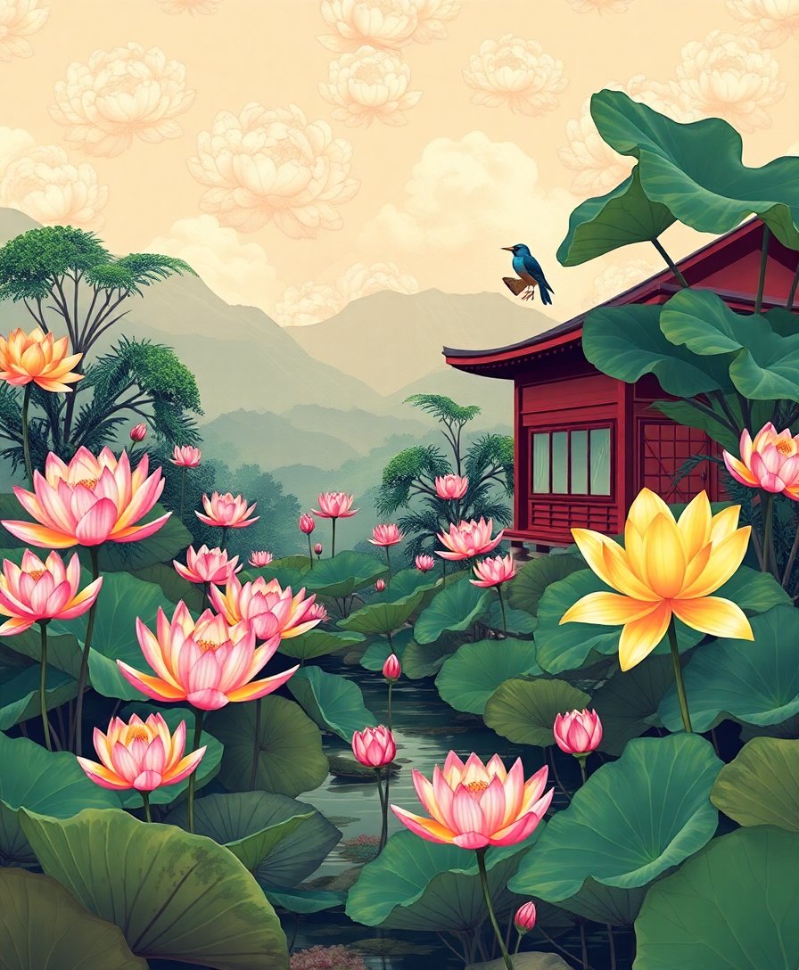 Vintage Tropical Lotus Oasis Paint By Numbers Kit completed