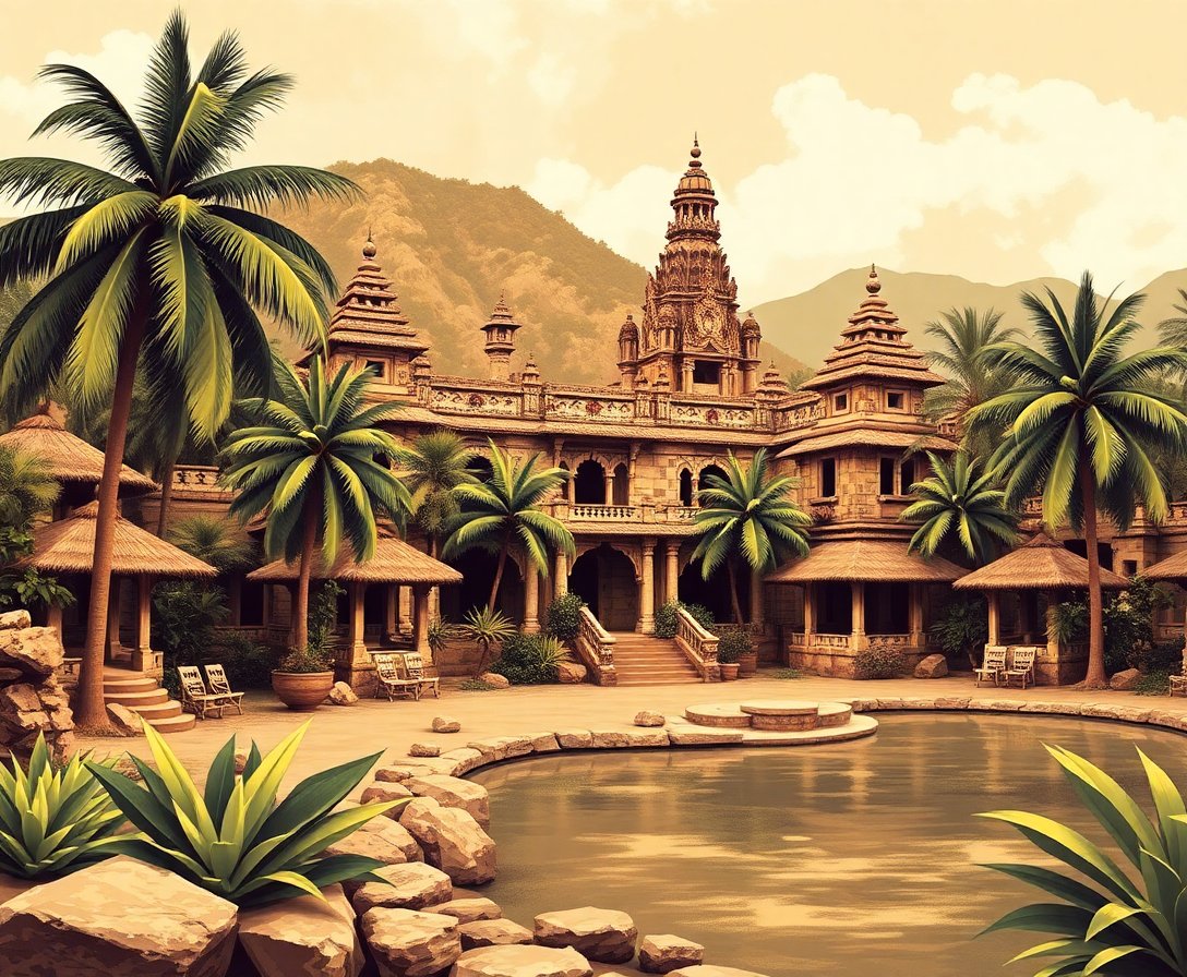 Vintage Tropical Palace Ruins Paint By Numbers Kit - Sepia Art completed