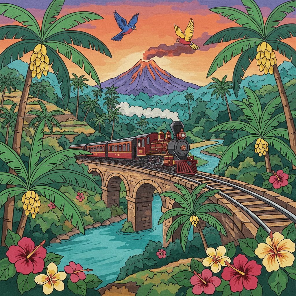 Vintage Tropical Railway Paint By Numbers Kit - Landscape Art completed