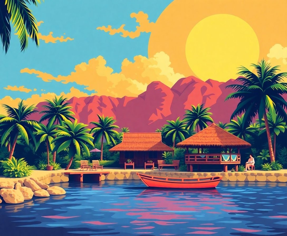 Vintage Tropical Travel Ad Paint By Numbers Kit - Retro Art completed