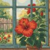 Vintage Window Red Hibiscus Paint By Numbers