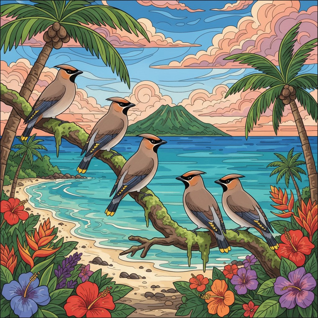 waxwings-on-tropical-shores-paint-by-numbers-kit-nature-art