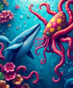 Whale Battling Tropical Squid Paint By Numbers