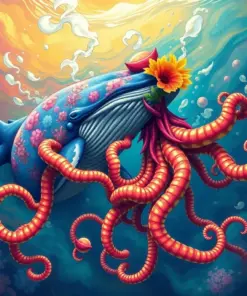 Whale Battling Tropical Squid Paint By Numbers