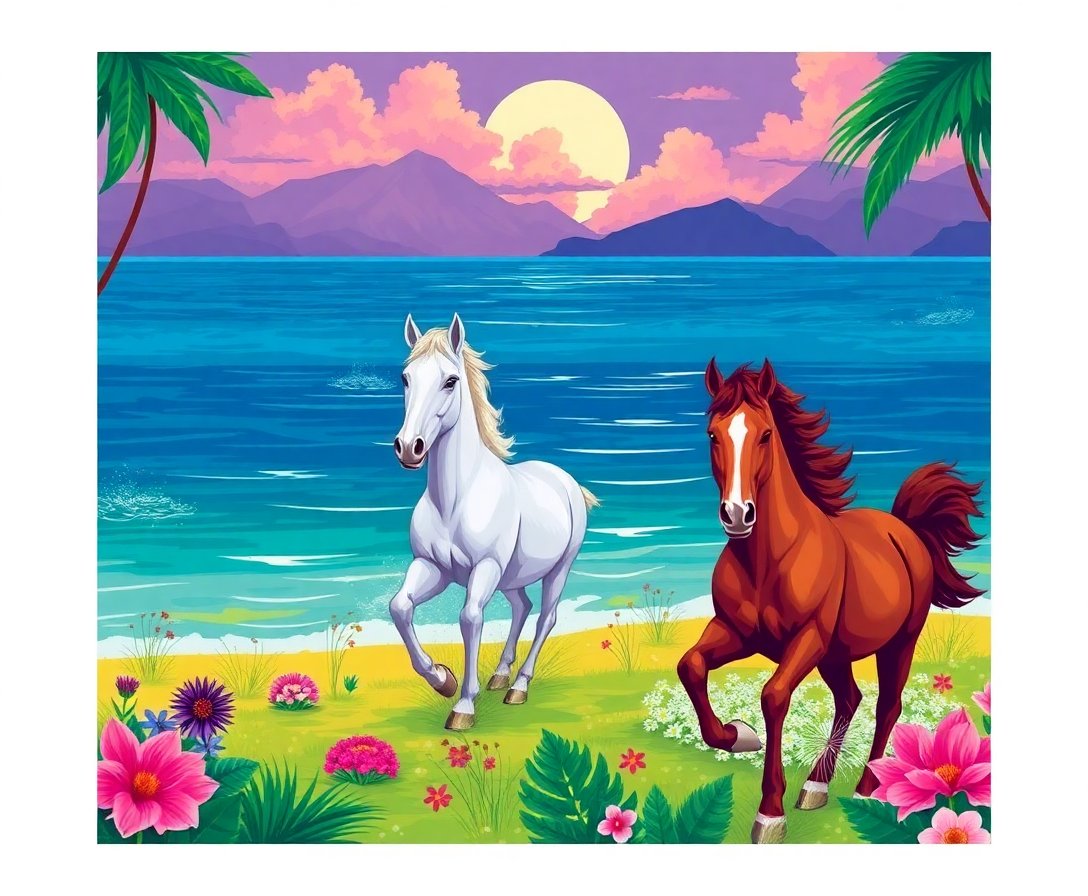 Wild Horses Tropical Lagoon Paint By Numbers - Wildlife Art Kit completed