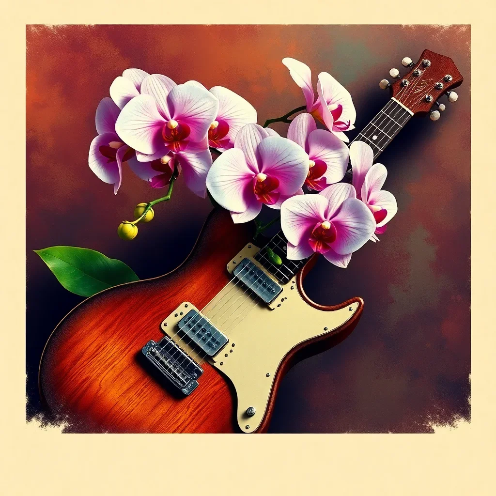 Orchids On Vintage Guitar Paint By Numbers Kit | Poster Art completed
