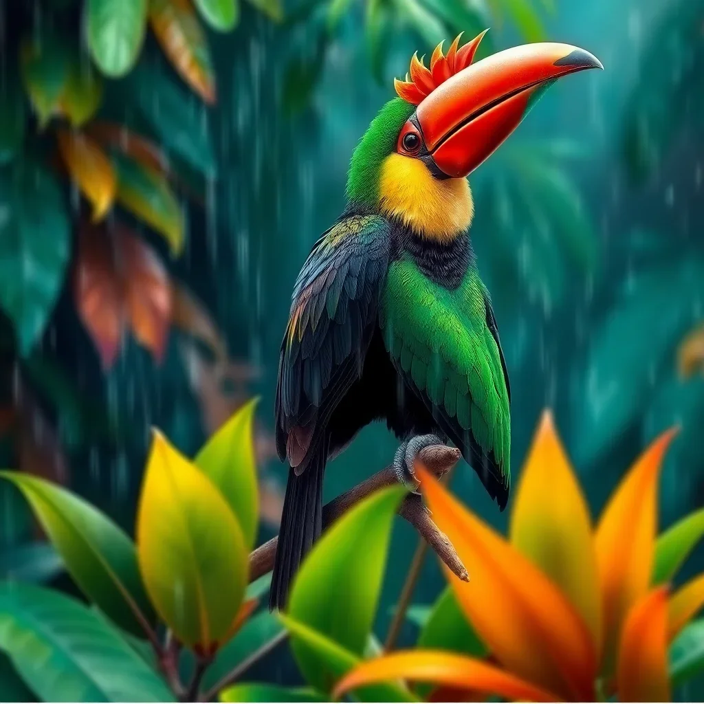 completed artwork display Realistic Toucanet Tropical Rain Paint by Numbers