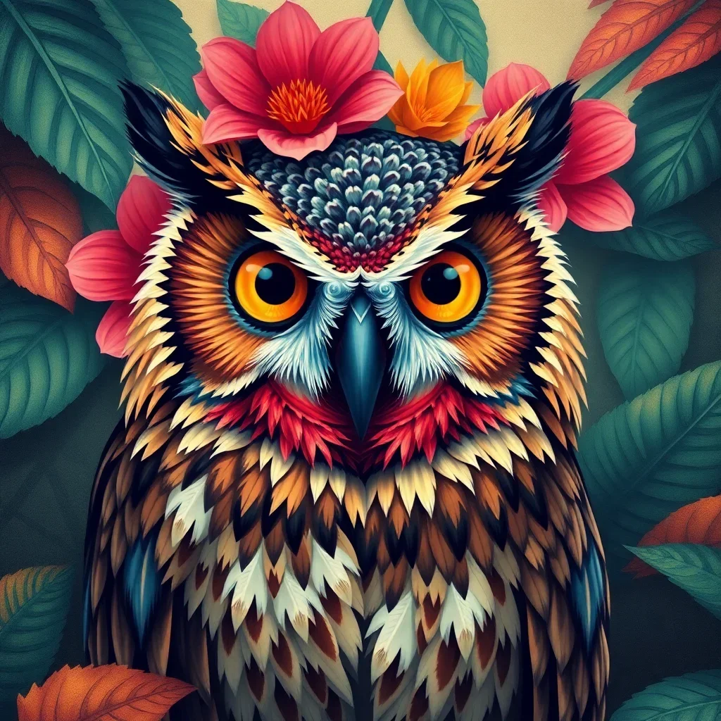 completed artwork display Vintage Tropical Owl Gaze Paint By Numbers